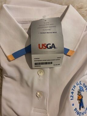 USGA Peter Millar Women White Whitworth Sport Mesh Polo with Blue & Gold Trim